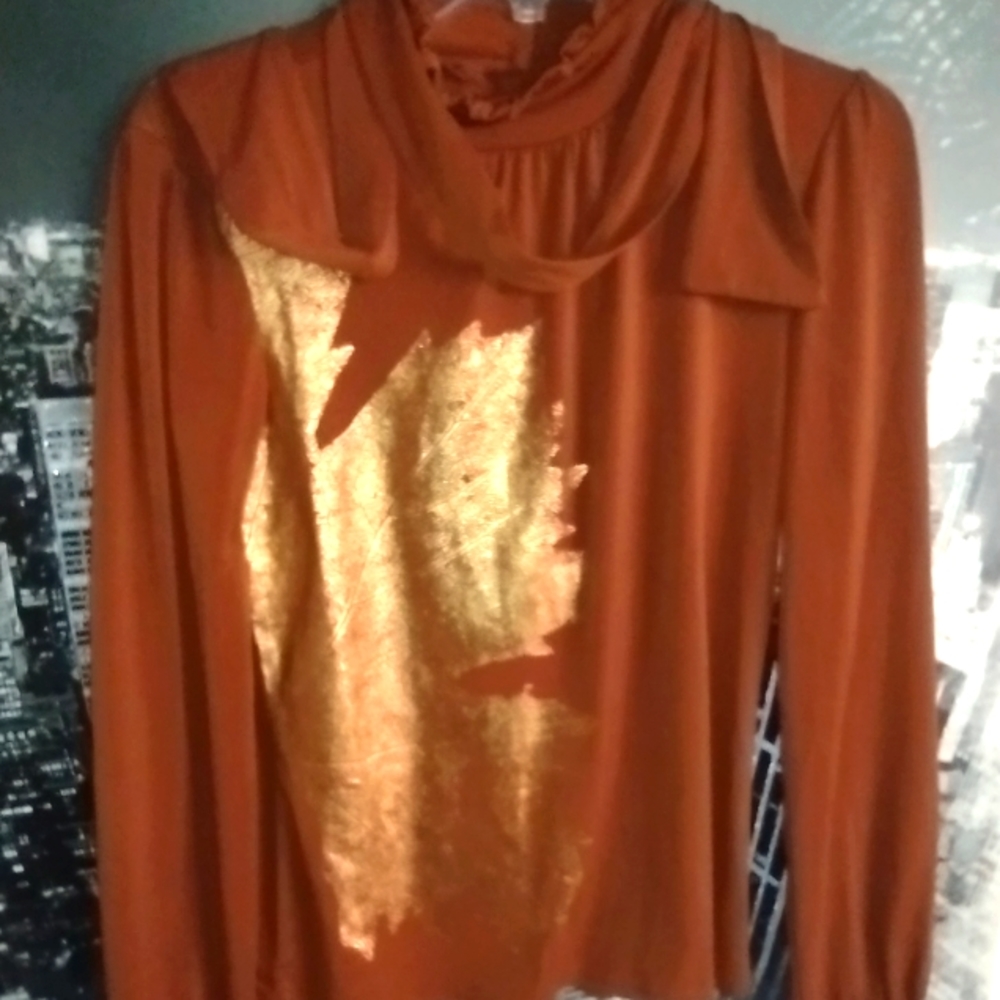 Chelsea & Theodore Dress Blouse Burnt Amber with Gold Leaves